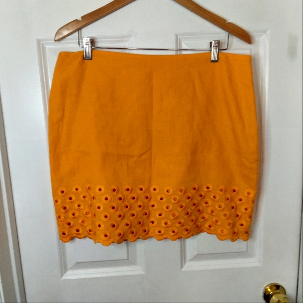 Michael Kors Yellow Floral Eyelet Linen Skirt Size 14